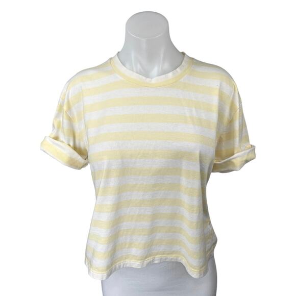 Club Monaco Women's Yellow White Striped Short Sleeve T Shirt Tee Top Size S - Picture 1 of 4